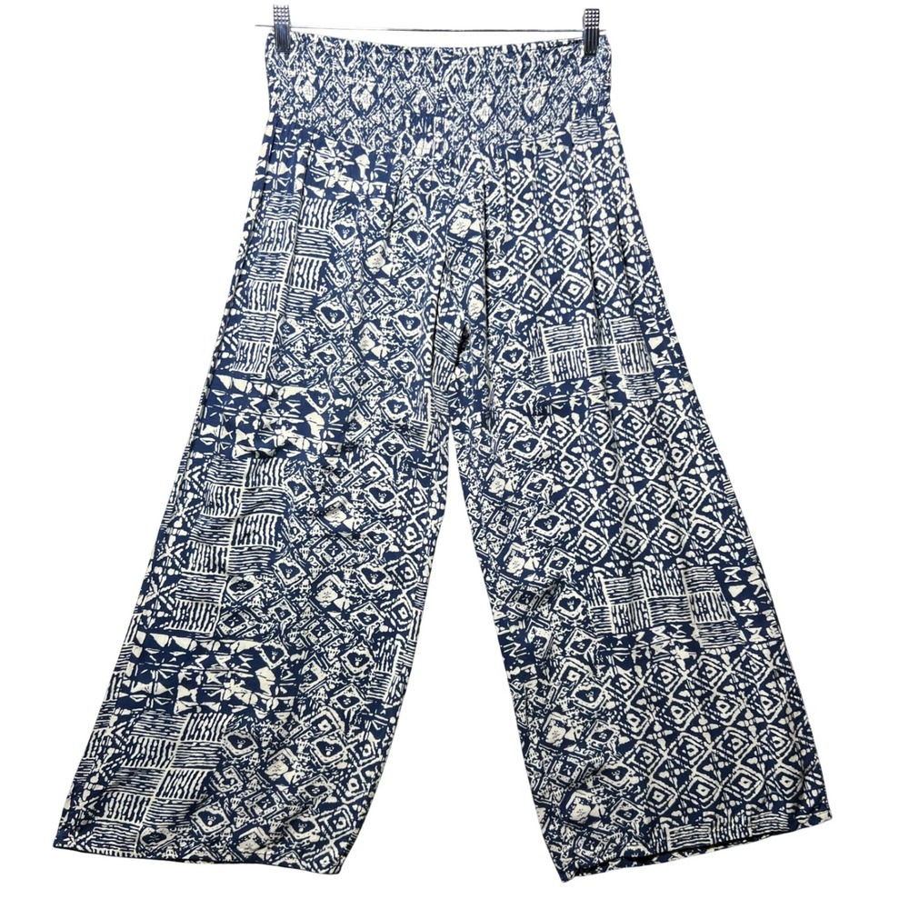 Michael Farrell Blue White Geometric Print Wide Leg Smocked Waist Pants‎ Size S